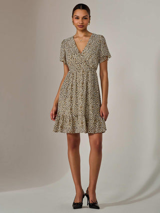 Chiffon Short Sleeve Tie Waist Mini Dress, Black Cream