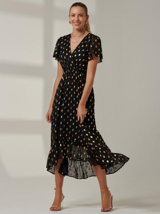 Metallic Effect Angel Sleeve Maxi Dress, Black/Gold