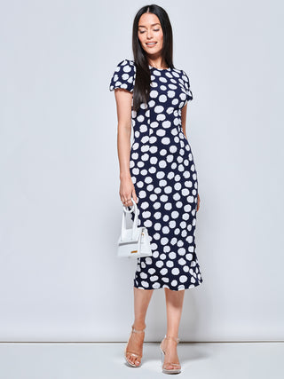 Short Sleeve Jersey Bodycon Midi Dress, Navy Polka Dot