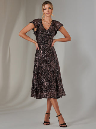 Sequin V Neck FIt & Flare Midaxi Dress, Black Rose Gold