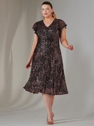 Sequin V Neck FIt & Flare Midaxi Dress, Black Rose Gold