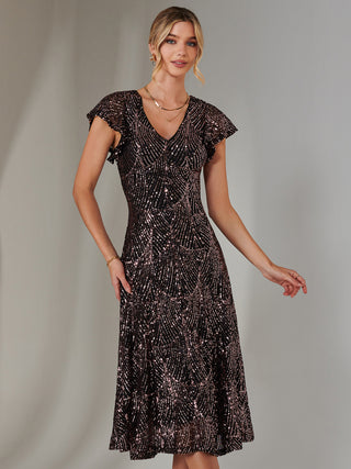 Sequin V Neck FIt & Flare Midaxi Dress, Black Rose Gold