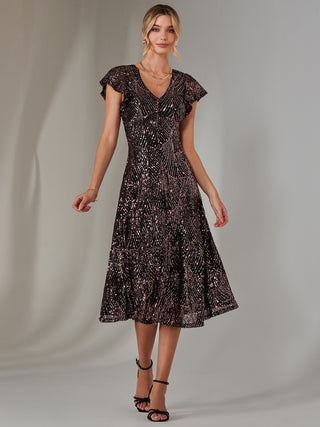 Sequin V Neck FIt & Flare Midaxi Dress, Black Rose Gold