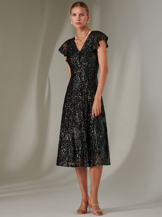 Sequin V Neck FIt & Flare Midaxi Dress, Black