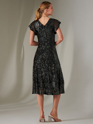 Sequin V Neck FIt & Flare Midaxi Dress, Black