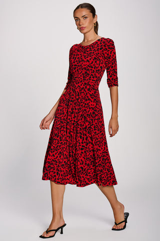 3/4 Sleeve Midi Swing Jersey Dress, Red Animal