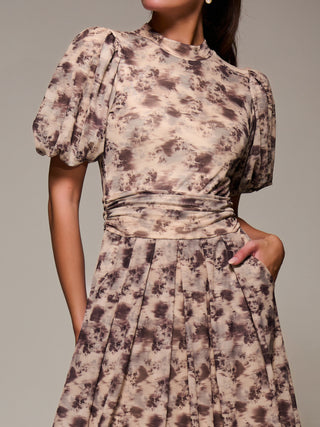 Puffy Sleeve Printed Mesh Maxi Dress, Brown Abstract