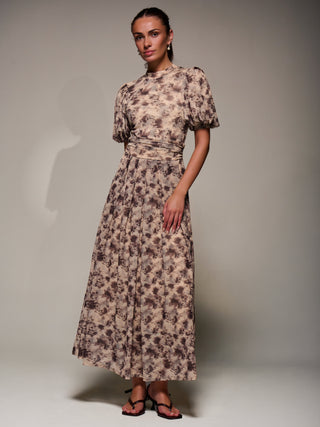 Puffy Sleeve Printed Mesh Maxi Dress, Brown Abstract