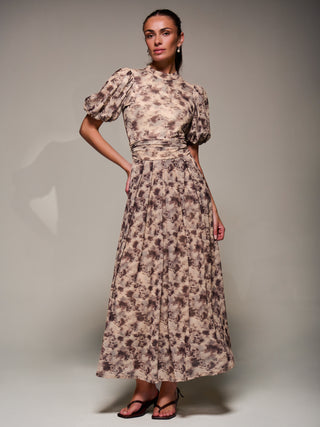 Puffy Sleeve Printed Mesh Maxi Dress, Brown Abstract