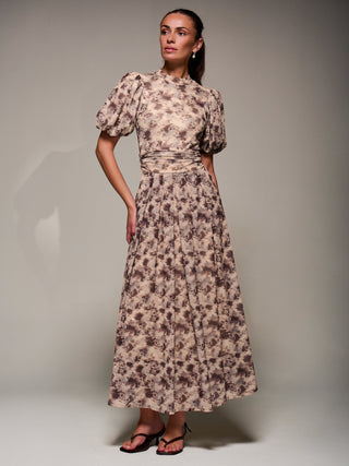 Puffy Sleeve Printed Mesh Maxi Dress, Brown Abstract