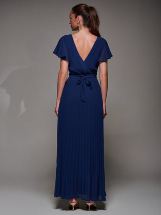 Pleated Frill Detail Chiffon Maxi Dress, Navy