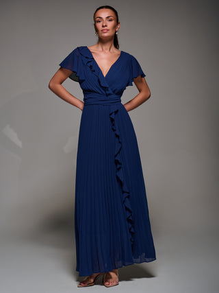 Pleated Frill Detail Chiffon Maxi Dress, Navy
