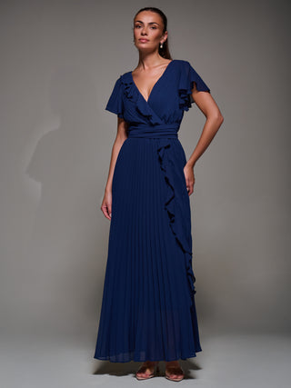 Pleated Frill Detail Chiffon Maxi Dress, Navy