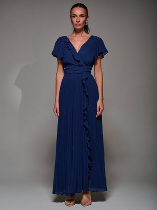 Pleated Frill Detail Chiffon Maxi Dress, Navy