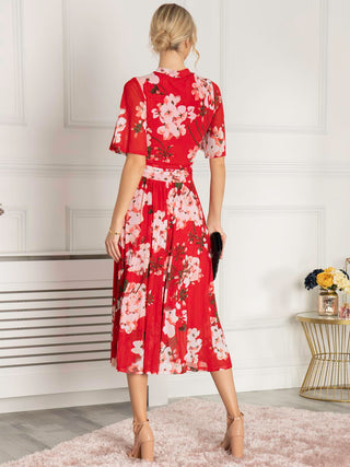 Danika Keyhole Neck Mesh Dress, Red Floral