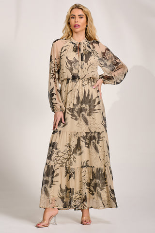 Long Sleeve Tie Neck Maxi Dress, Beige Pattern