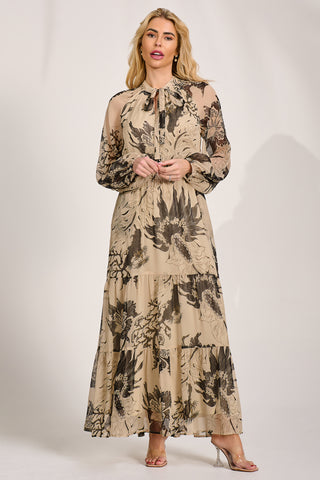 Long Sleeve Tie Neck Maxi Dress, Beige Pattern