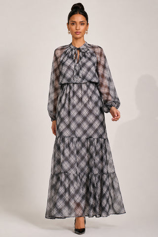 Long Sleeve Tie Neck Maxi Dress, Black Check