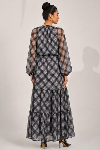 Long Sleeve Tie Neck Maxi Dress, Black Check