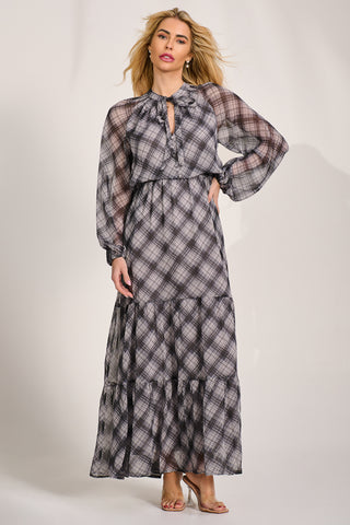 Long Sleeve Tie Neck Maxi Dress, Black Check