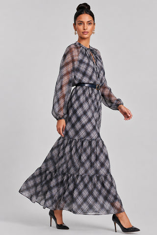 Long Sleeve Tie Neck Maxi Dress, Black Check