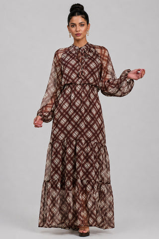 Long Sleeve Tie Neck Maxi Dress, Brown Check