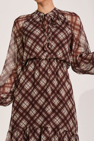 Long Sleeve Tie Neck Maxi Dress, Brown Check