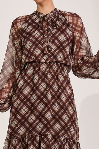 Long Sleeve Tie Neck Maxi Dress, Brown Check