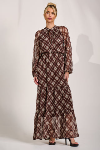 Long Sleeve Tie Neck Maxi Dress, Brown Check