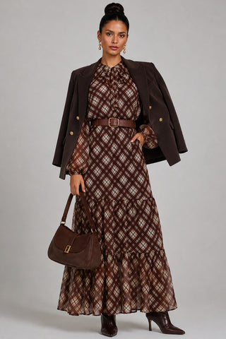 Long Sleeve Tie Neck Maxi Dress, Brown Check