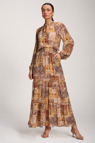 Long Sleeve Chiffon Tiered Maxi Dress, Orange Pattern