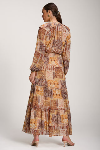 Long Sleeve Chiffon Tiered Maxi Dress, Orange Pattern