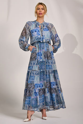 Long Sleeve Chiffon Tiered Maxi Dress, Blue Pattern