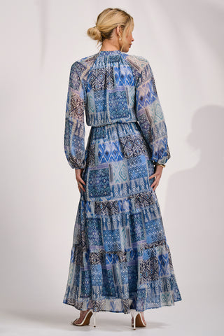 Long Sleeve Chiffon Tiered Maxi Dress, Blue Pattern