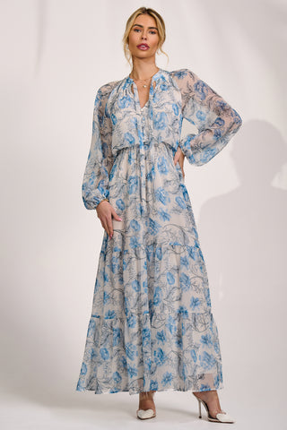 Long Sleeve Chiffon Tiered Maxi Dress, White Floral