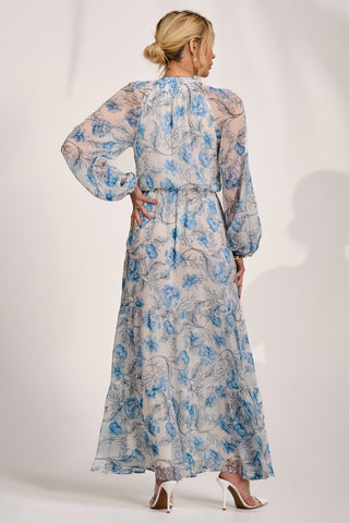 Long Sleeve Chiffon Tiered Maxi Dress, White Floral