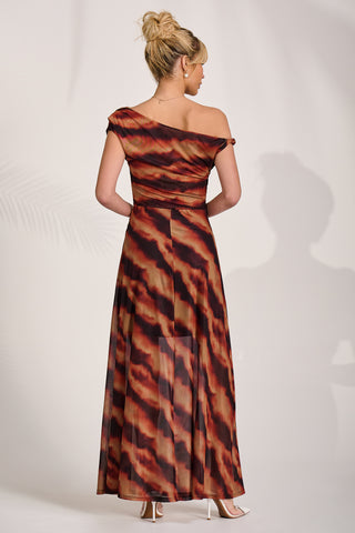 Mesh Asymmetrical Off-Shoulder Maxi Dress, Amber Haze