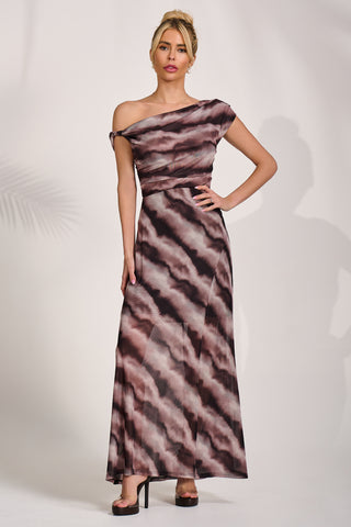 Mesh Asymmetrical Off-Shoulder Maxi Dress, Black Abstract