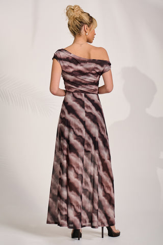 Mesh Asymmetrical Off-Shoulder Maxi Dress, Black Abstract