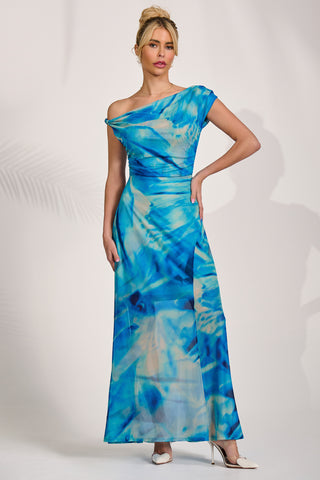 Mesh Asymmetrical Off-Shoulder Maxi Dress, Blue Abstract
