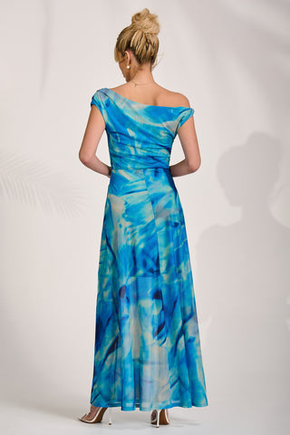 Mesh Asymmetrical Off-Shoulder Maxi Dress, Blue Abstract