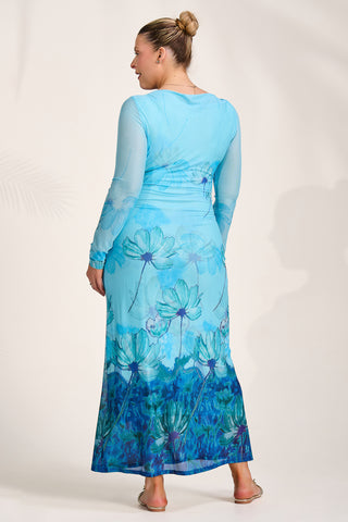 Long Sleeve Slash Neck Mesh Maxi Dress. Blue Floral