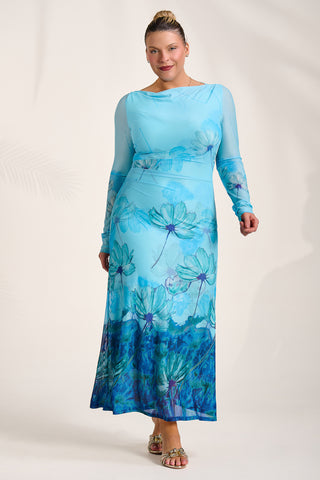 Long Sleeve Slash Neck Mesh Maxi Dress. Blue Floral