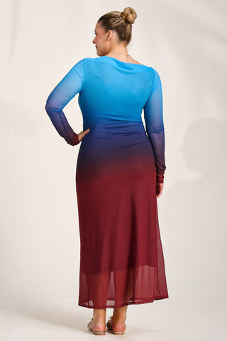 Long Sleeve Slash Neck Mesh Maxi Dress. Burgundy Ombre