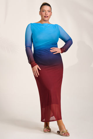 Long Sleeve Slash Neck Mesh Maxi Dress. Burgundy Ombre