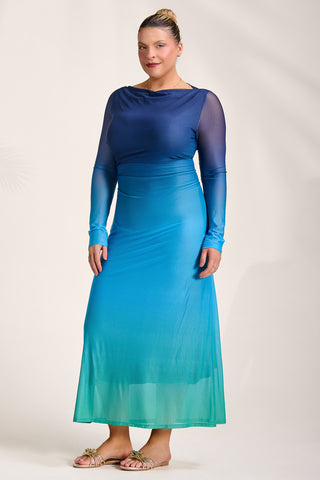 Long Sleeve Slash Neck Mesh Maxi Dress. Green Ombre