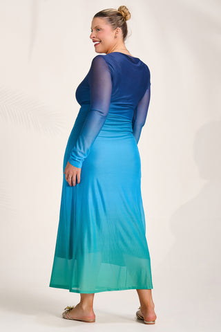 Long Sleeve Slash Neck Mesh Maxi Dress. Green Ombre