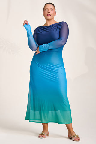 Long Sleeve Slash Neck Mesh Maxi Dress. Green Ombre