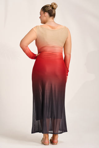 Long Sleeve Slash Neck Mesh Maxi Dress. Orange Ombre