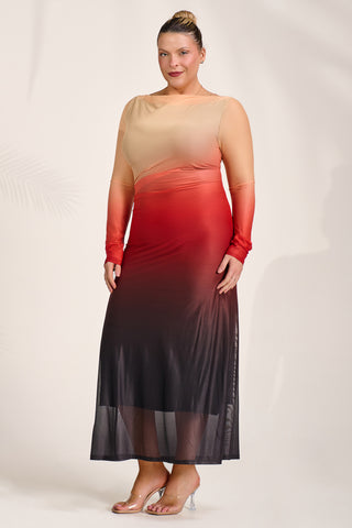 Long Sleeve Slash Neck Mesh Maxi Dress. Orange Ombre